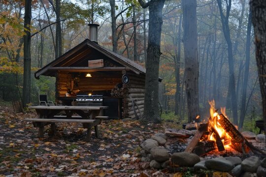 Rustic cabin and campfire creating a warm autumnal atmosphere in the woods