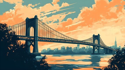 Fototapeta premium Scenic city bridge at sunset with vibrant sky and urban skyline, artistic illustration with warm colors
