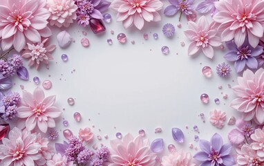 Background with decorative  lilac and light pink flowers and precious stones 