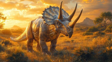 Fototapeta premium Triceratops in prehistoric landscape during golden sunset