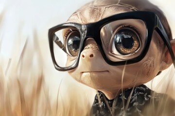 Fototapeta premium Cute alien character wearing oversized glasses in a grassy field