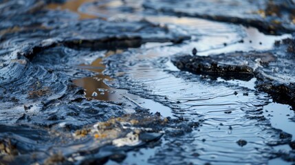 Viscous black crude oil spreads across the land and water, creating a toxic layer of pollution. The environmental disaster threatens ecosystems, wildlife, and natural resources