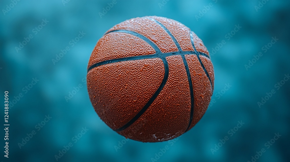 Wall mural A close-up view of a textured basketball floating against a blurred blue background, showcasing its detail