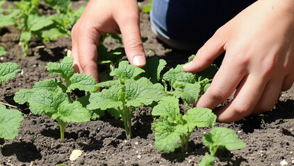 Hands tending a young plant