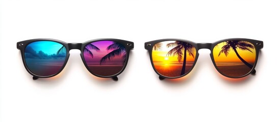 Beach sunset reflected in sunglasses on white