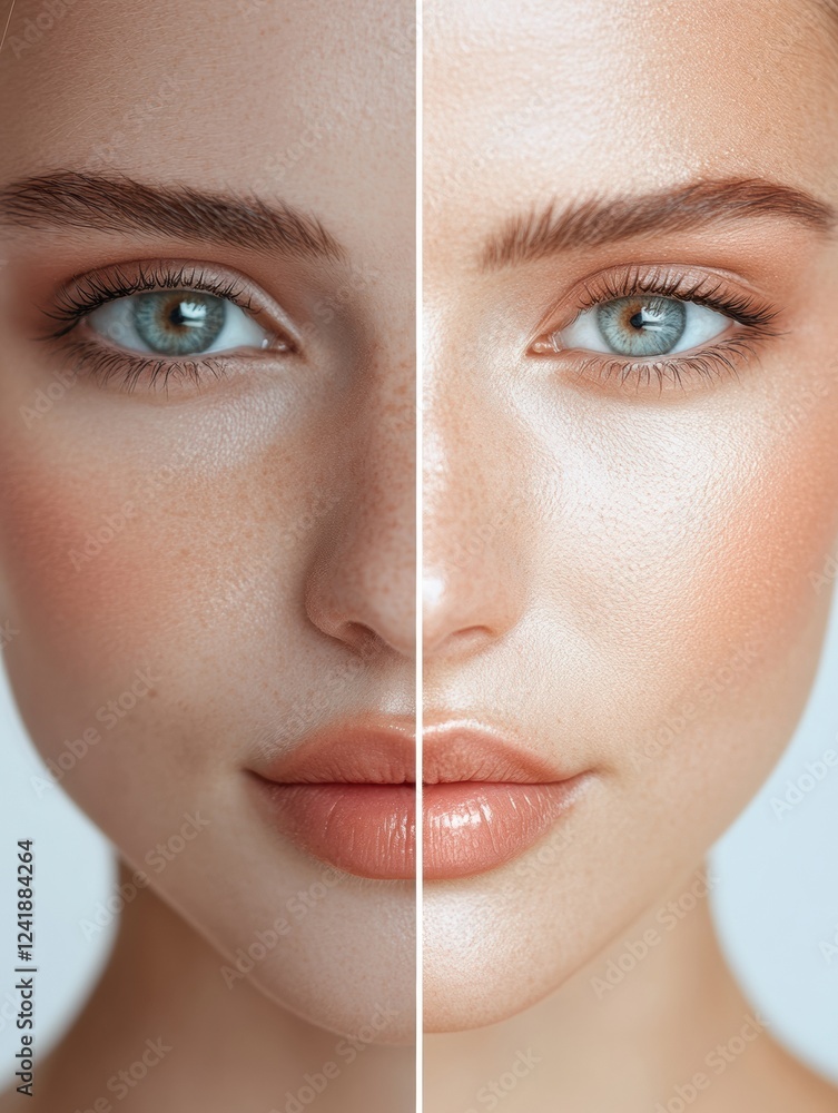 Poster Half natural face and half fully made up face showcasing beauty transformation techniques in a simple setting. Generative AI