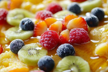 Fresh fruit dessert, closeup view, sweet treat, delicious food, background blurred