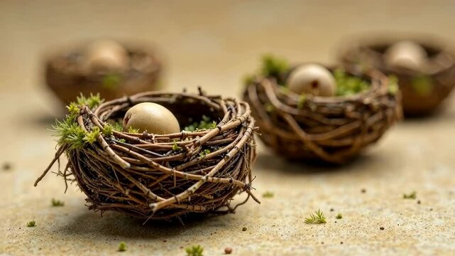 Three bird nests with eggs in them are arranged on a table. The nests are made of twigs and branches, and the eggs are placed in the center of each nest. Scene is peaceful and natural