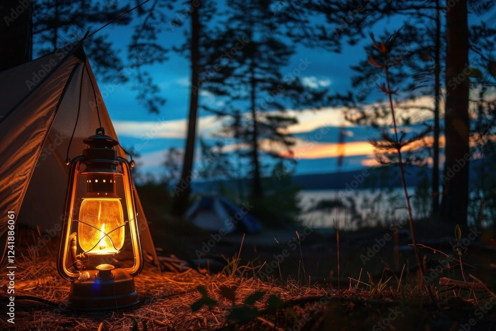 Poster illuminated kerosene lamp next to tent in forest campsite at dusk, creating cozy and tranquil atmosp