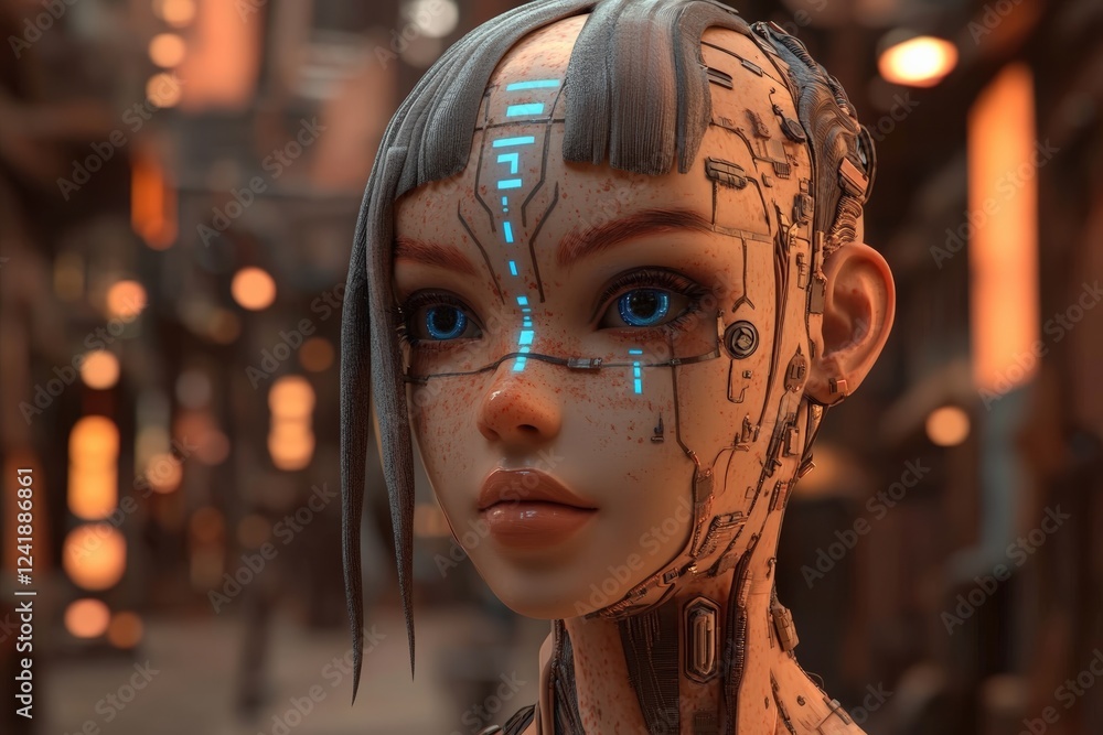 Poster futuristic humanoid robot with intricate facial features and glowing elements