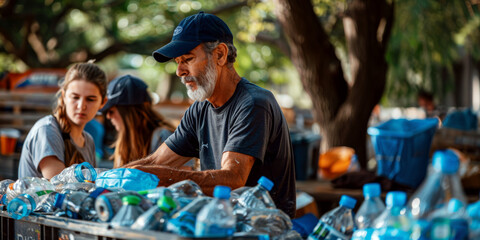 A man and two women sorting plastic bottles at a recycling station outdoors. Concept of environmental conservation and teamwork. For a charity or recycling campaign.