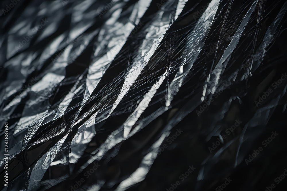 Poster shimmering darkly wrinkled surface reflects light in an abstract composition showcasing textures and