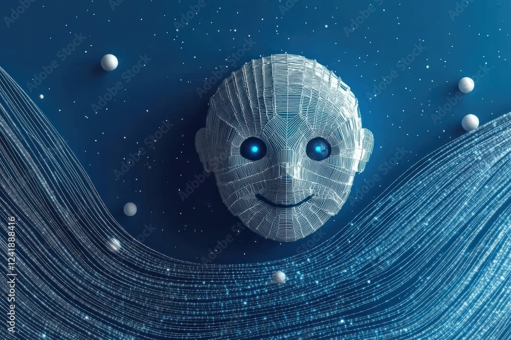 Poster abstract digital face with glowing eyes and flowing data waves