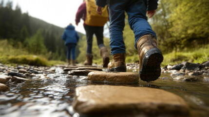 Exploring nature on stream path with children in boots