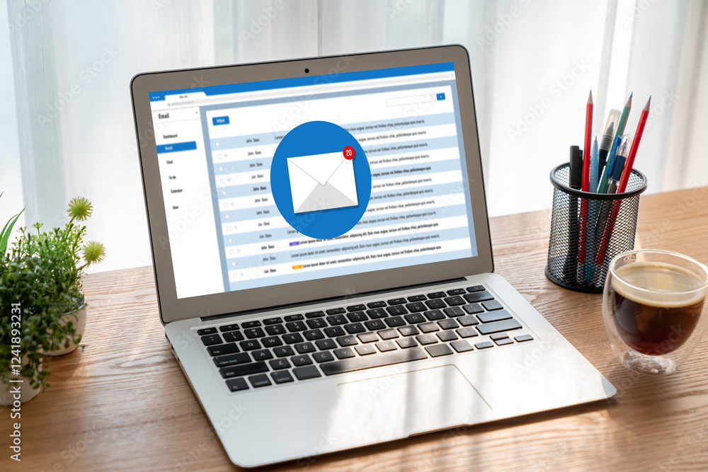 Poster email notification message showing on computer screen snugly. digital marketing message information 