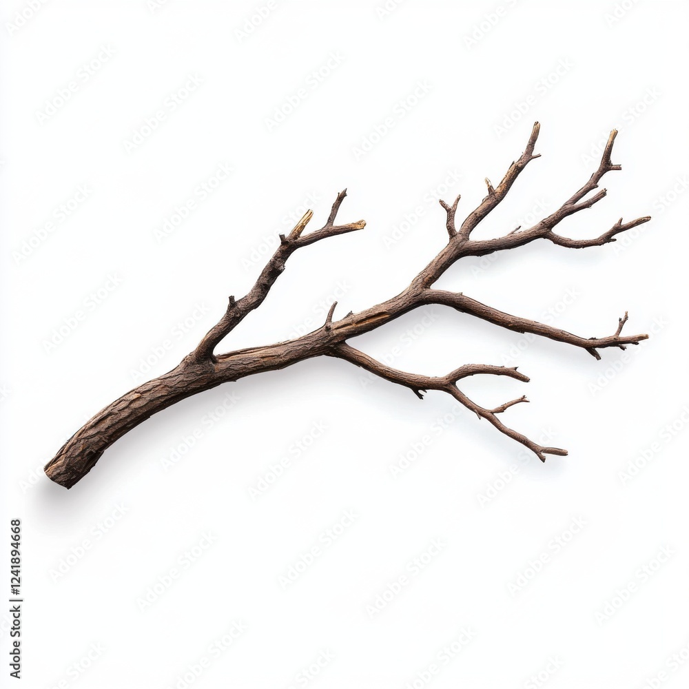 Poster rustic brown tree branch with twigs and natural texture on white background for creative projects