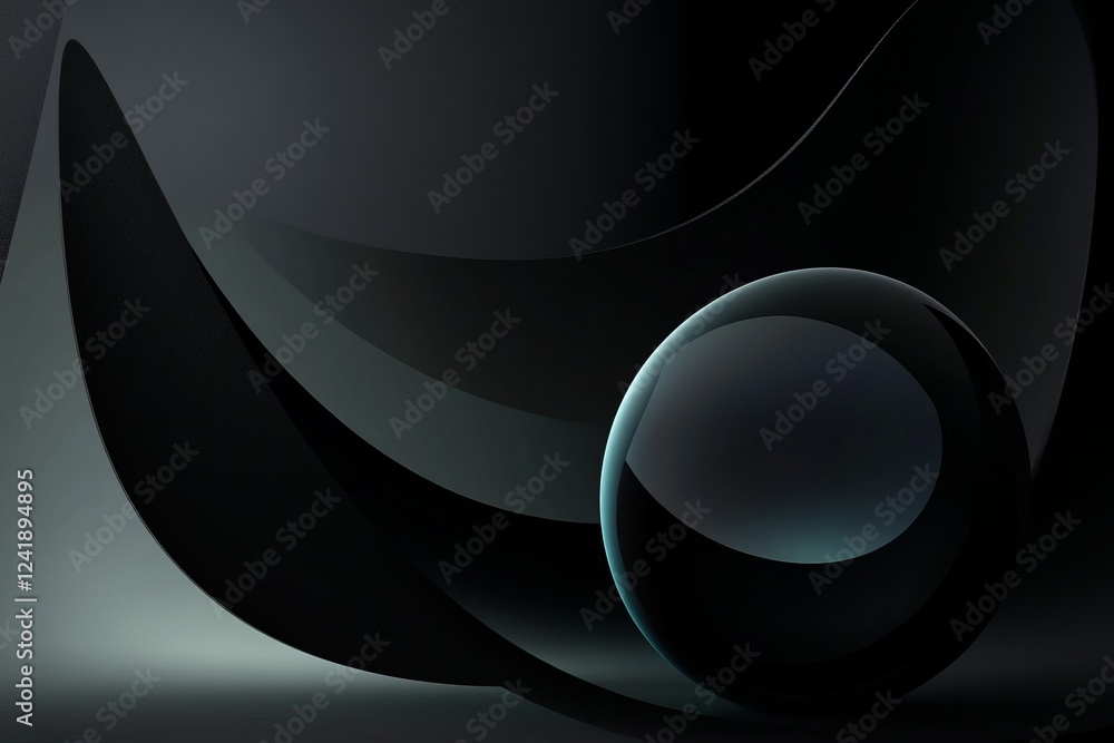 Poster abstract design featuring a glass sphere amidst curved forms in a dark setting