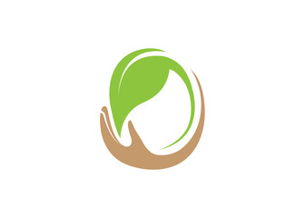 Hand and leaf plant care and nature logo vector design