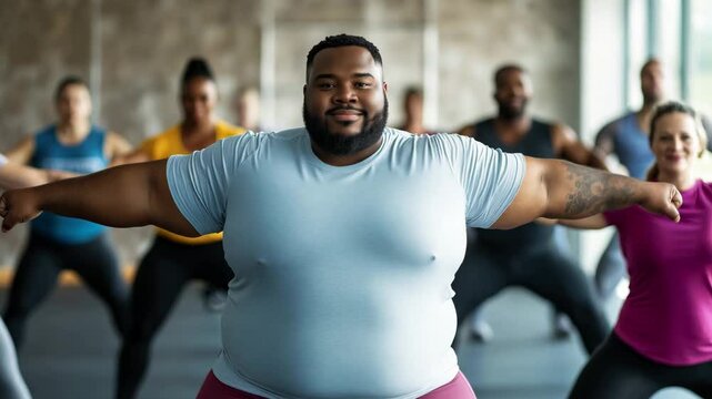 Plus size black man engages in an energetic group fitness class. Weight loss workout concept