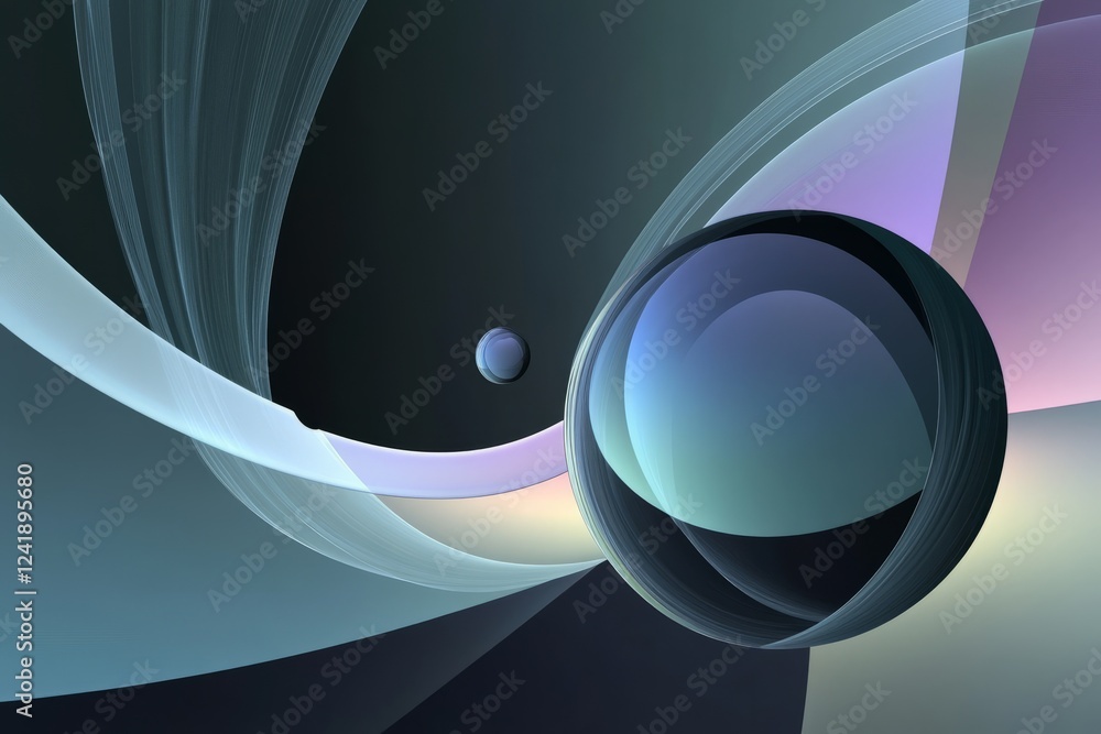 Poster abstract composition featuring swirling lines and a large sphere in a dark setting with a smaller sp