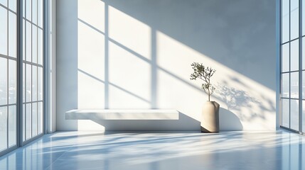 Modern luxury studio room with white gradient background and elegant vase accent