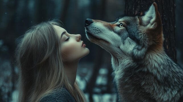 Stunning portrait of a woman and a wolf in an enchanted forest at dusk
