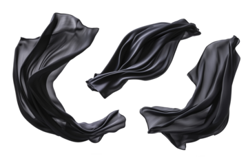 Set of floating elegant black fabrics isolated on white background
