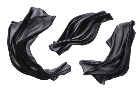 Set of floating elegant black fabrics isolated on white background
