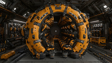 Futuristic spacecraft interior circular transport pod, dark metallic walls, sci-fi setting, for tech or space travel visuals