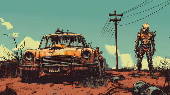 Dystopian comic-con poster with post-apocalyptic characters and landscapes, showcasing rusty, weathered design aesthetic. Post-Apocalyptic Aesthetic. Illustration