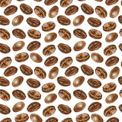 Coffee beans seamless pattern. Hand drawn watercolor illustration of roasted Arabica. For wrapping paper, labels, textile, napkins, covers, fabric.