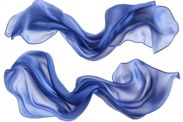 Set of floating elegant blue fabrics isolated on white background