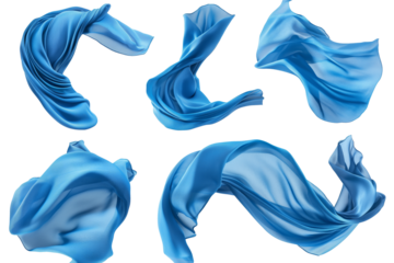 Set of floating elegant blue fabrics isolated on white background