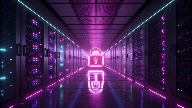 Futuristic Data Center Corridor with Neon Padlock Hologram &ndash; Cybersecurity Concept