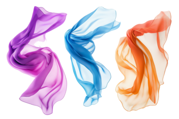 Set of floating elegant colorful fabrics isolated on white background