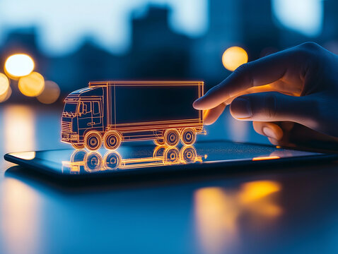 Hand steuert LKW-Modell auf Tablet

