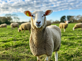 Fototapeta premium Sheep Ewe grazing in grassy pasture with other sheep, copy space