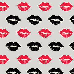 Seamless pattern with red and black lipstick kiss imprints on a neutral background. Stylish and romantic design for Valentines Day, textiles, wallpapers, wrapping paper, and fashion prints.