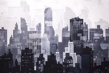 Obraz premium Monochromatic Urban Skyline Stencil: Architectural Structures and Patterns in Cityscape Silhouettes