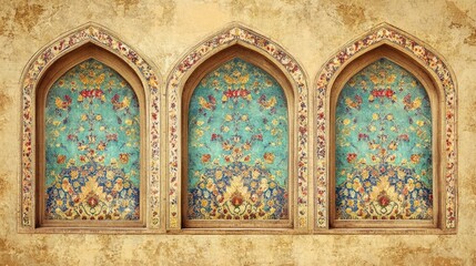 Ornate Arabian architectural detail, three arched windows, floral design, textured wall, Middle Eastern building facade, design inspiration