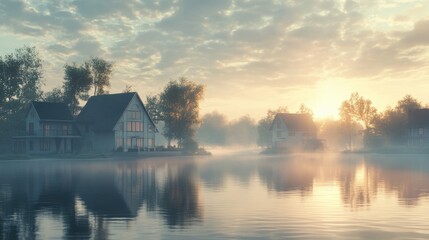 Fototapeta premium Lakefront cabin with wood exterior on a serene mountain lake, surrounded by coniferous trees 