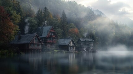 Fototapeta premium Lakefront cabin with wood exterior on a serene mountain lake, surrounded by coniferous trees 