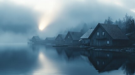 Fototapeta premium Lakefront cabin with wood exterior on a serene mountain lake, surrounded by coniferous trees 