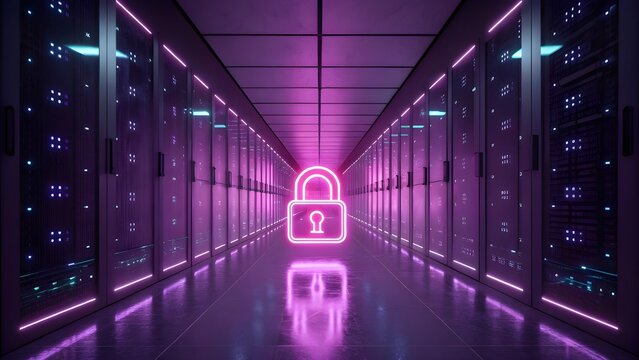 Futuristic Data Center Corridor with Neon Padlock Hologram &ndash; Cybersecurity Concept
