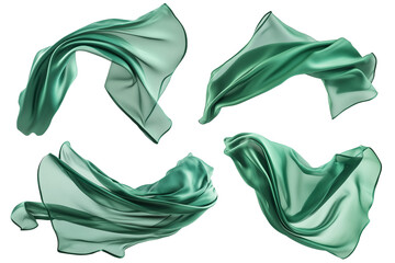 Set of floating elegant green fabrics isolated on white background