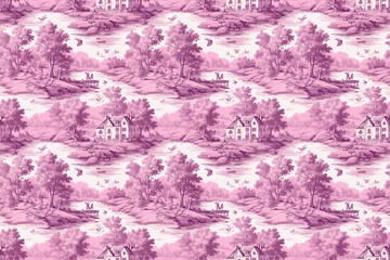 Naklejka premium Seamless purple and pink toile de jouy french pattern wallpaper