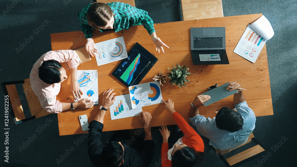 Aufkleber top down view of business woman explain and present financial chart. diverse group discuss and liste