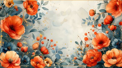 Watercolor floral painting of orange poppies and blue flowers with gold accents on a light gray background