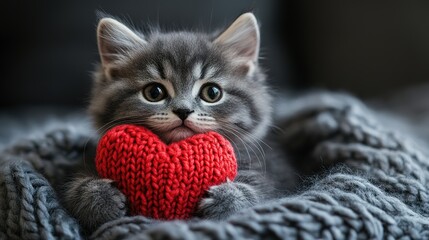 Naklejka premium holiday valentine card with cute kitten holding red knitted heart in paws