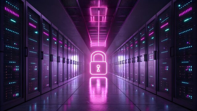 Futuristic Data Center Corridor with Neon Padlock Hologram &ndash; Cybersecurity Concept